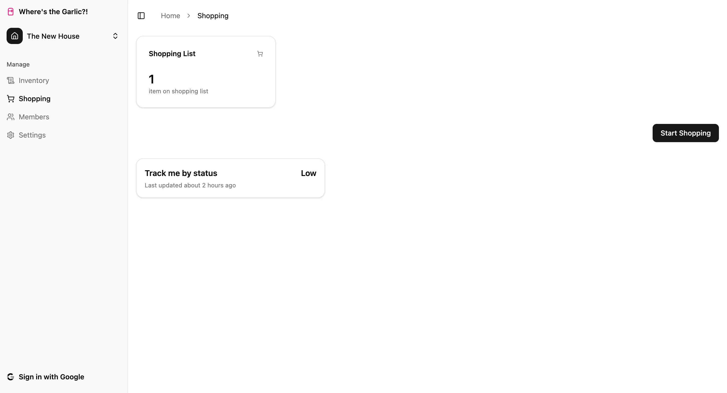 Screenshot of shopping list